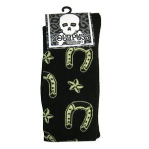 Over The Knee Socks 17” Black Cream Nautical Stars Horseshoes Sailor Rockabilly